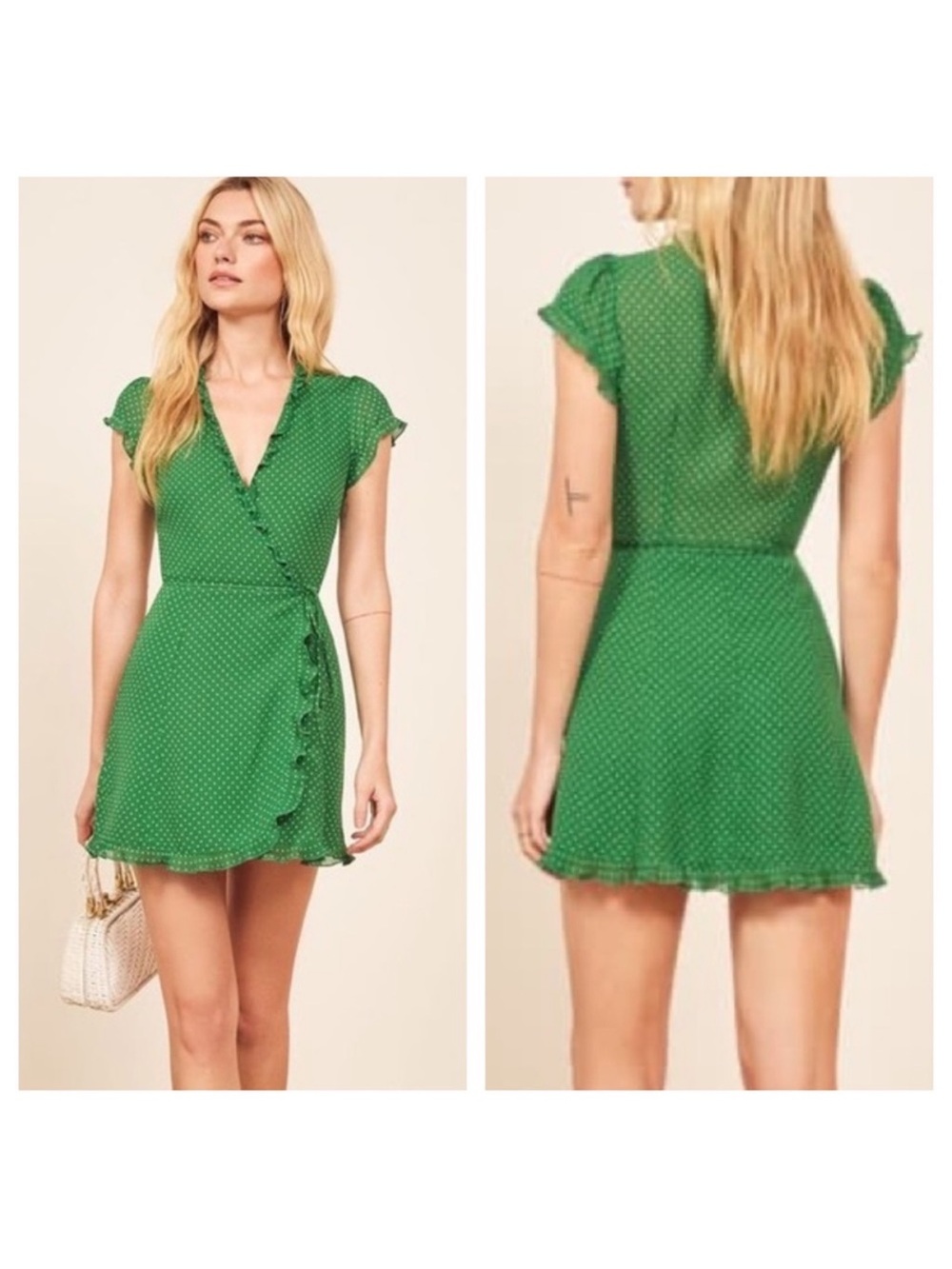 Reformation Sicilia Green Polka Dot Mini Wrap Dress - Picture 5 of 16